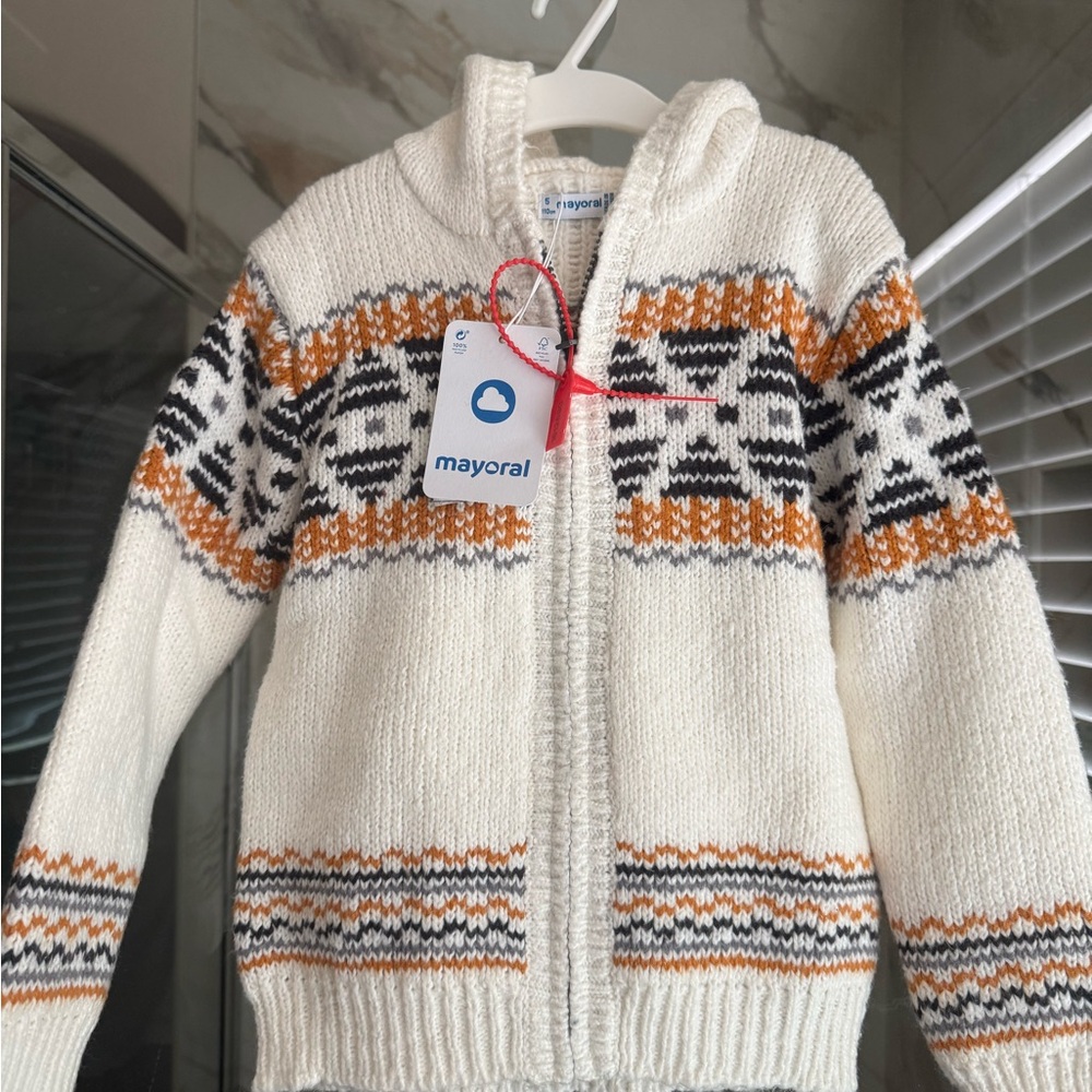 Mayoral ❄️Cream Knit Sweater with Orange and Black Design